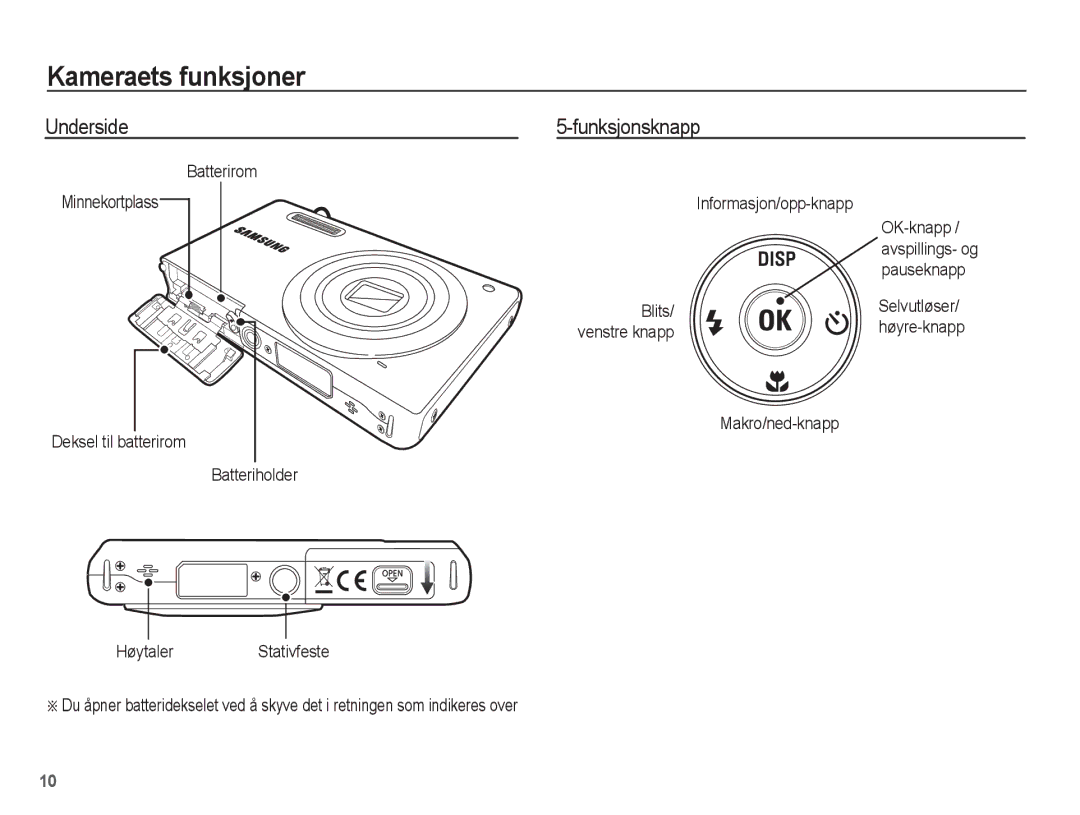 Samsung EC-ST60ZZBPBE2, EC-ST60ZZBPLE2 manual Underside Funksjonsknapp, Batterirom, Minnekortplass, Blits, Makro/ned-knapp 