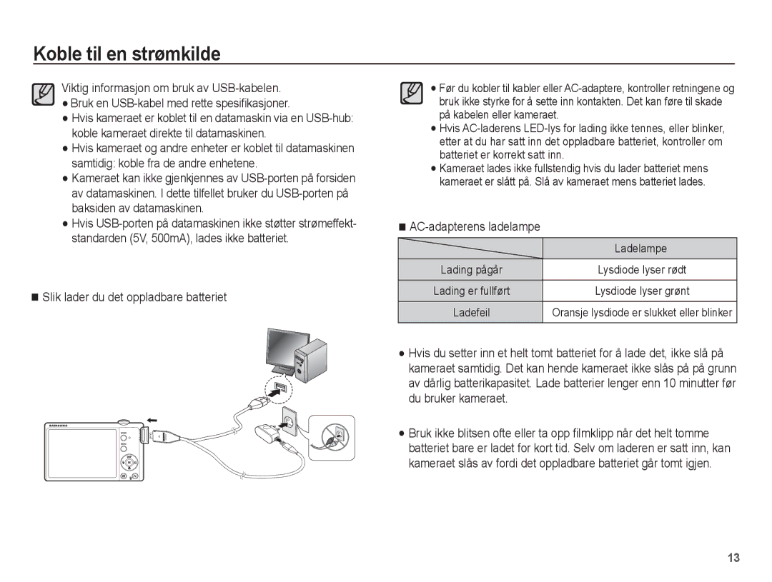 Samsung EC-ST61ZZBPSE2, EC-ST60ZZBPLE2 manual Slik lader du det oppladbare batteriet, AC-adapterens ladelampe, Ladelampe 