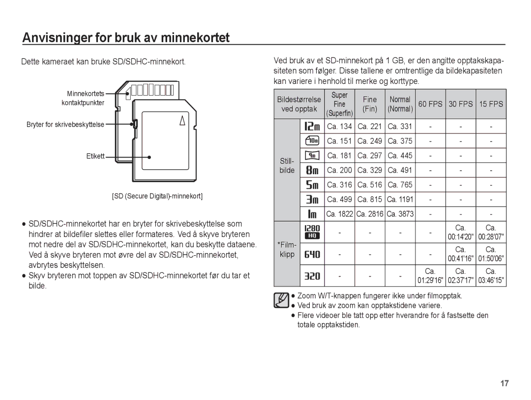 Samsung EC-ST61ZZBPRE2, EC-ST60ZZBPLE2, EC-ST60ZZBPRE2, EC-ST60ZZBPBE2 manual Dette kameraet kan bruke SD/SDHC-minnekort 