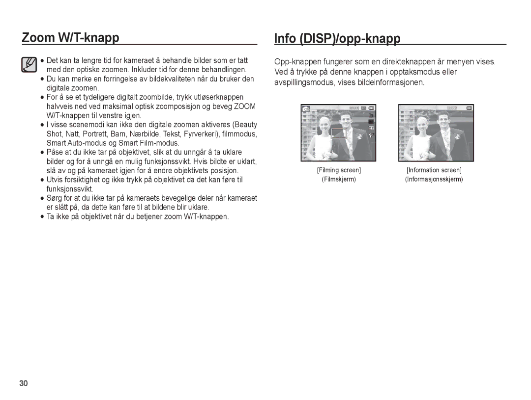 Samsung EC-ST61ZZBPBE2, EC-ST60ZZBPLE2 manual Info DISP/opp-knapp, Ta ikke på objektivet når du betjener zoom W/T-knappen 