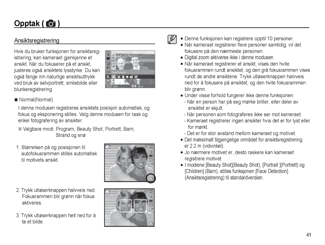 Samsung EC-ST61ZZBPRE2 Ansiktsregistrering, NormalNormal, For mørkt, Når personen som fotograferes ikke ser mot kameraet 