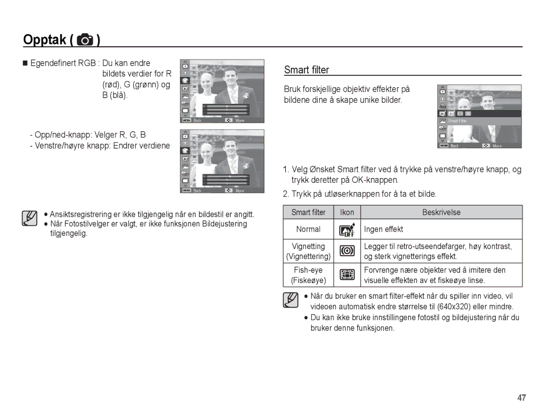 Samsung EC-ST60ZZBPLE2, EC-ST60ZZBPRE2 manual Smart ﬁlter Ikon Beskrivelse, Ingen effekt, Og sterk vignetterings effekt 