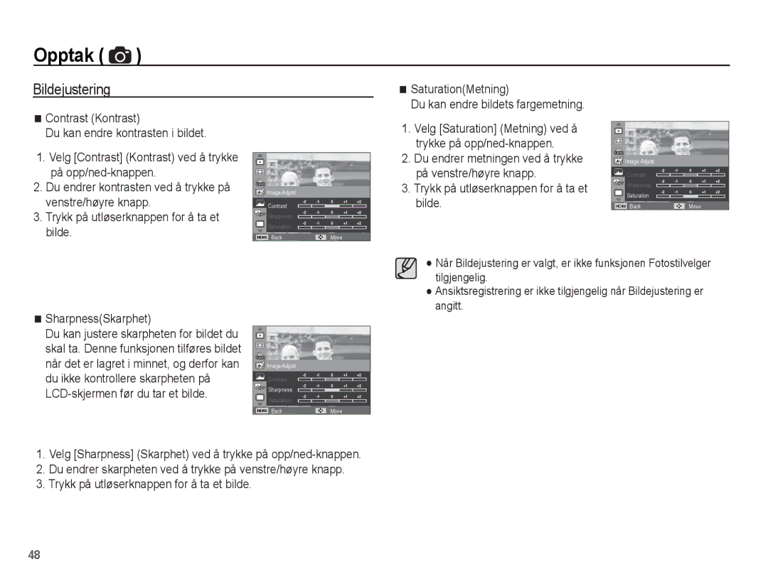 Samsung EC-ST60ZZBPRE2, EC-ST60ZZBPLE2, EC-ST61ZZBPRE2, EC-ST60ZZBPBE2, EC-ST60ZZBPSE2 manual Bildejustering, SharpnessSkarphet 