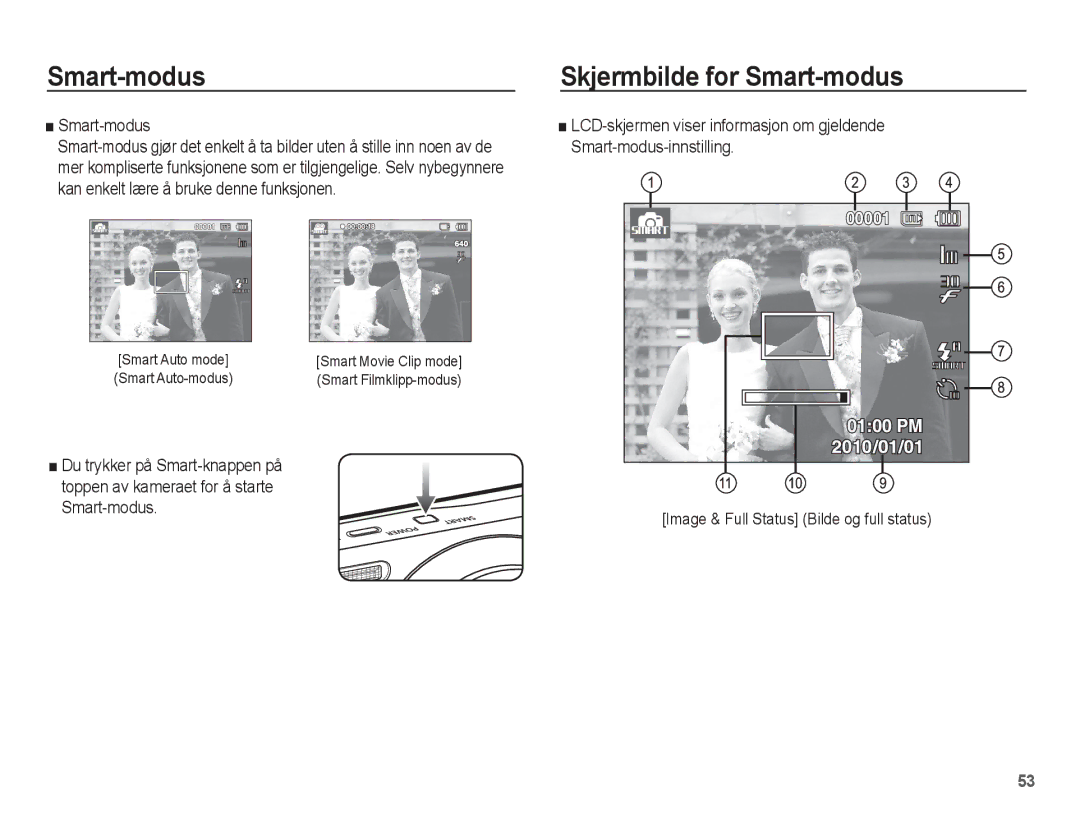 Samsung EC-ST61ZZBPSE2, EC-ST60ZZBPLE2, EC-ST60ZZBPRE2, EC-ST61ZZBPRE2 manual Smart-modus Skjermbilde for Smart-modus 