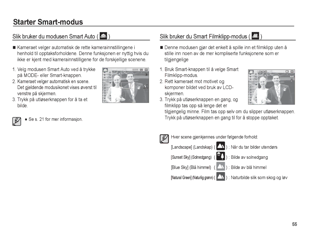 Samsung EC-ST60ZZBPLE2, EC-ST60ZZBPRE2 manual Slik bruker du modusen Smart Auto, Slik bruker du Smart Filmklipp-modus 