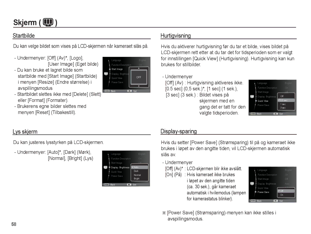 Samsung EC-ST60ZZBPBE2, EC-ST60ZZBPLE2, EC-ST60ZZBPRE2 manual Startbilde, Hurtigvisning, Lys skjerm, Display-sparing 