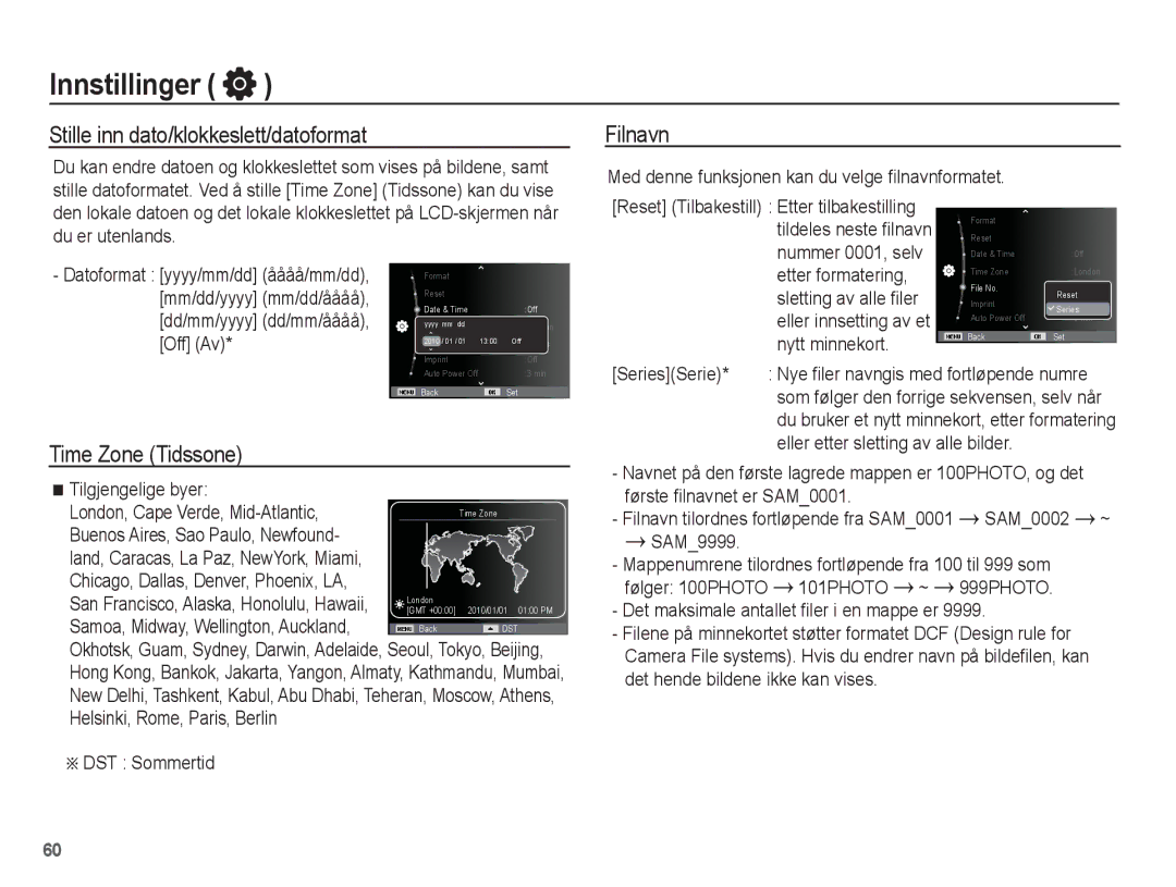 Samsung EC-ST61ZZBPLE2, EC-ST60ZZBPLE2, EC-ST60ZZBPRE2 Stille inn dato/klokkeslett/datoformat, Time Zone Tidssone, Filnavn 