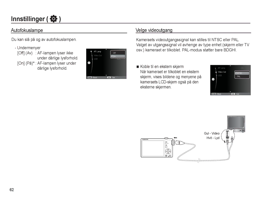 Samsung EC-ST61ZZBPBE2, EC-ST60ZZBPLE2 Autofokuslampe Velge videoutgang, Du kan slå på og av autofokuslampen Undermenyer 