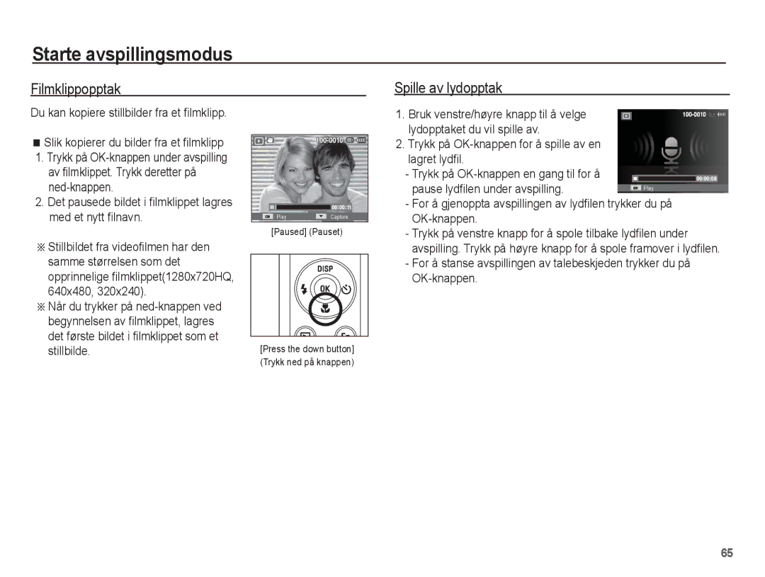 Samsung EC-ST61ZZBPRE2, EC-ST60ZZBPLE2 Filmklippopptak, Spille av lydopptak, Du kan kopiere stillbilder fra et filmklipp 