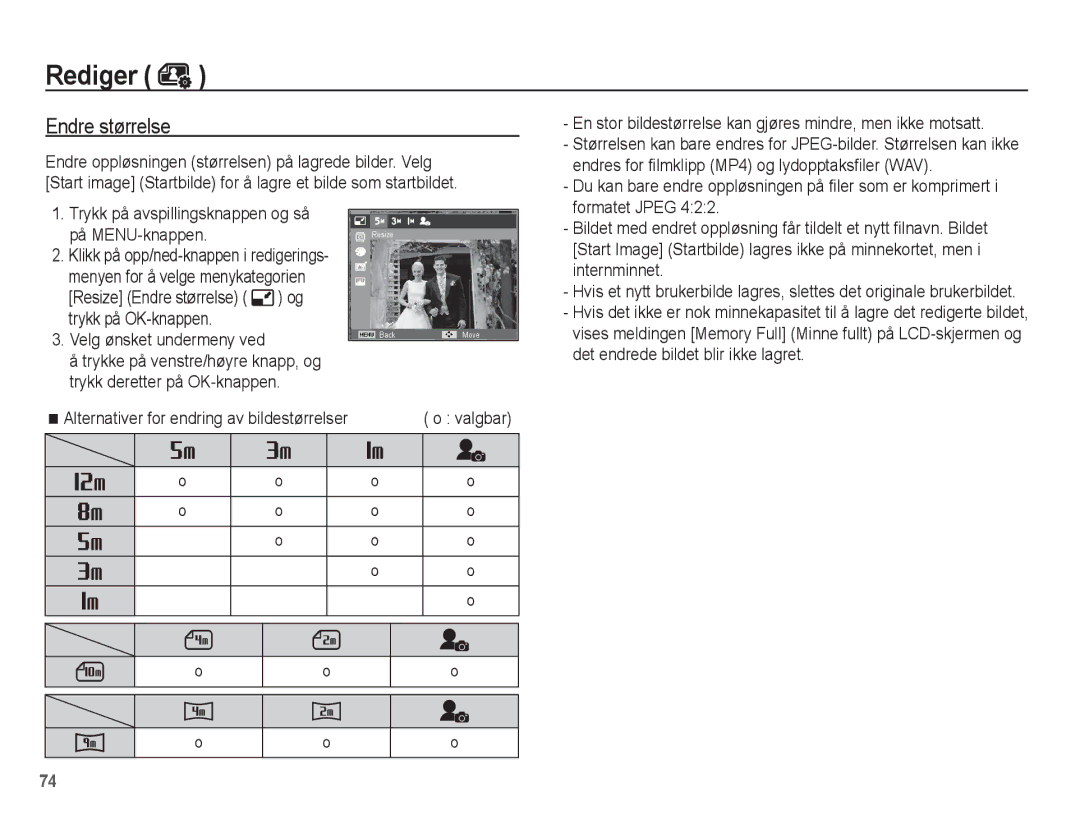 Samsung EC-ST60ZZBPBE2, EC-ST60ZZBPLE2, EC-ST60ZZBPRE2, EC-ST61ZZBPRE2, EC-ST60ZZBPSE2 manual Rediger, Endre størrelse 