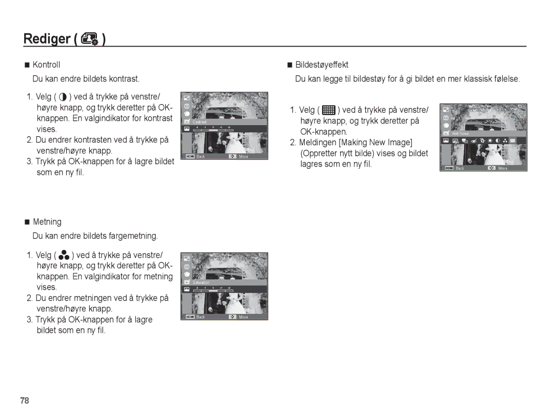 Samsung EC-ST61ZZBPBE2, EC-ST60ZZBPLE2, EC-ST60ZZBPRE2 manual Kontroll Du kan endre bildets kontrast Bildestøyeffekt 