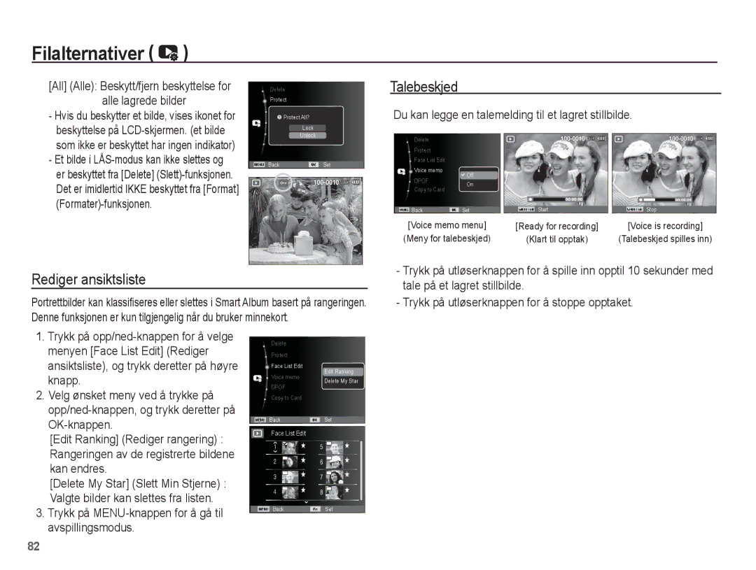 Samsung EC-ST60ZZBPBE2 Rediger ansiktsliste, Du kan legge en talemelding til et lagret stillbilde, Formater-funksjonen 