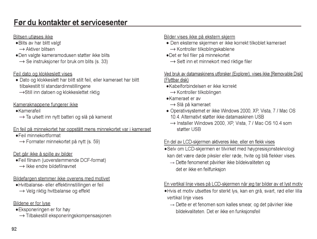 Samsung EC-ST61ZZBPLE2, EC-ST60ZZBPLE2, EC-ST60ZZBPRE2, EC-ST61ZZBPRE2, EC-ST60ZZBPBE2 manual Før du kontakter et servicesenter 