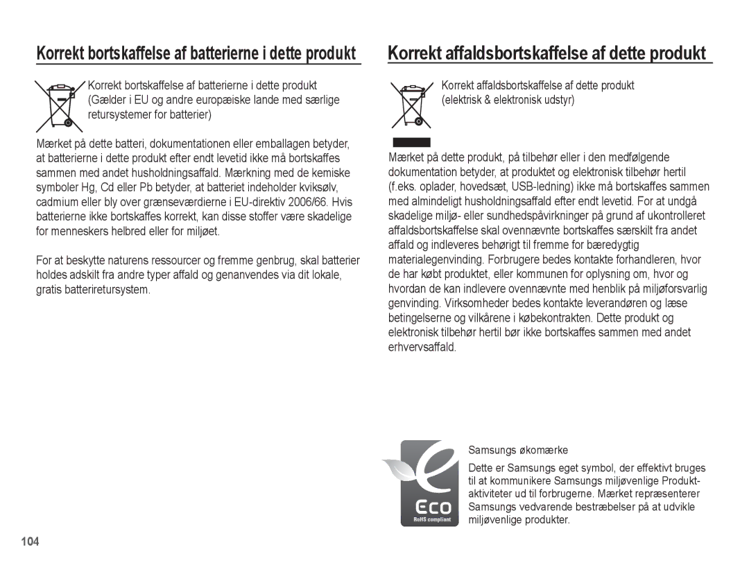 Samsung EC-ST60ZZBPRE2, EC-ST60ZZBPLE2 manual Korrekt bortskaffelse af batterierne i dette produkt, Samsungs økomærke 