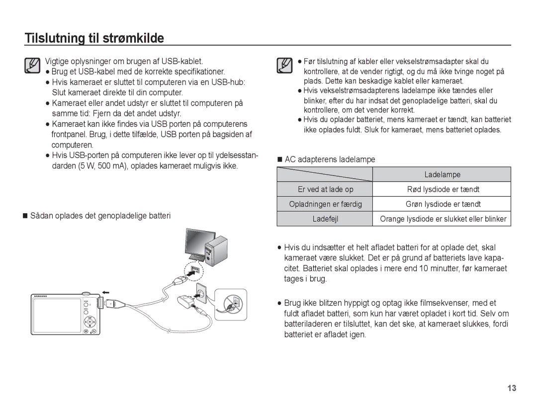 Samsung EC-ST61ZZBPSE2, EC-ST60ZZBPLE2 manual Sådan oplades det genopladelige batteri, AC adapterens ladelampe, Ladelampe 