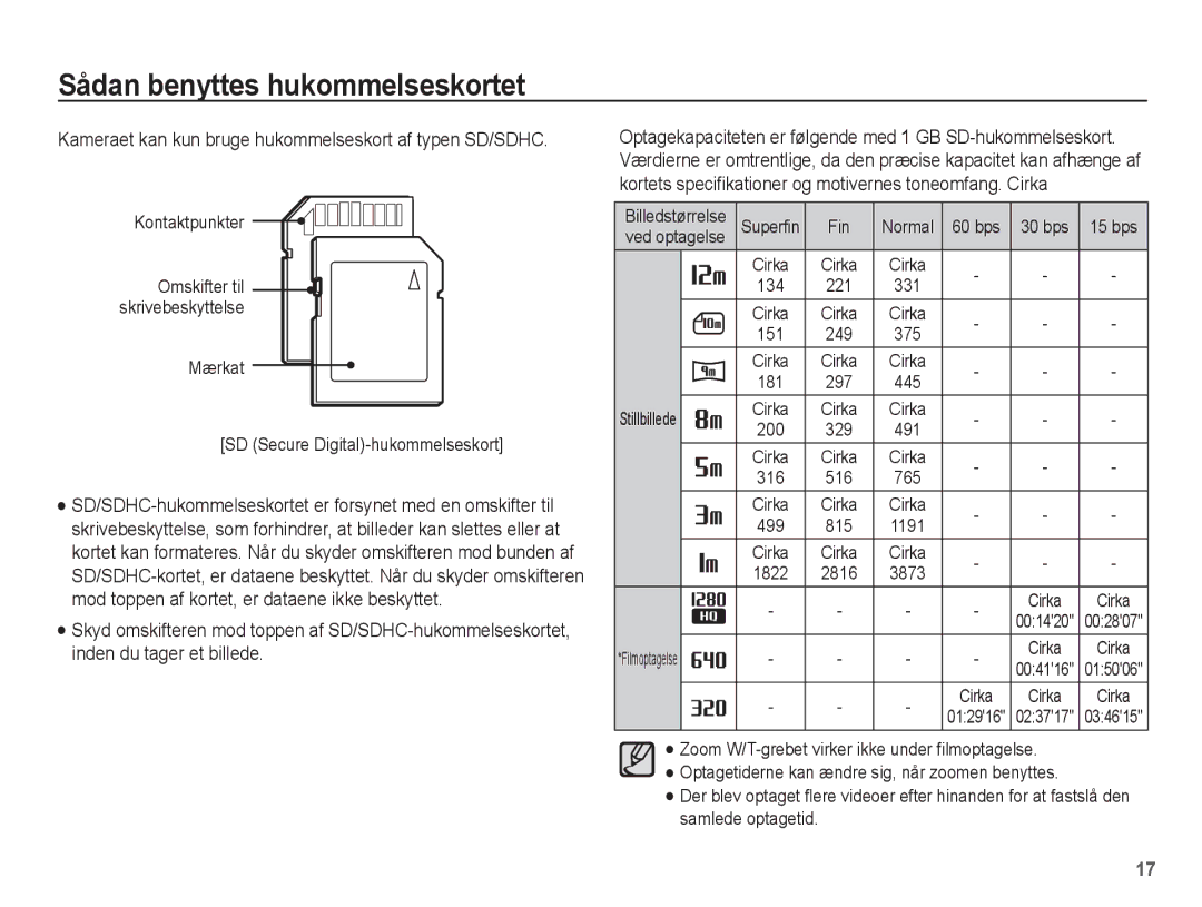 Samsung EC-ST61ZZBPRE2, EC-ST60ZZBPLE2, EC-ST60ZZBPRE2 manual Fin, Ved optagelse, Stillbillede, Cirka, Filmoptagelse 