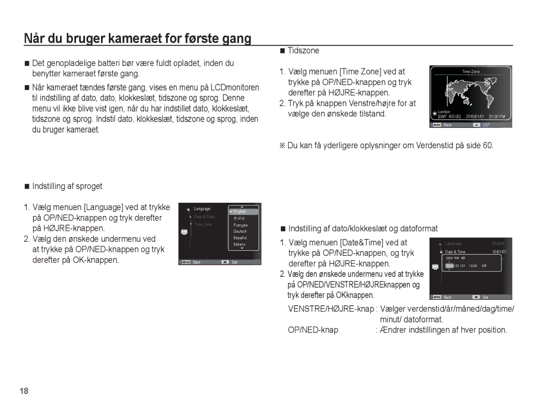 Samsung EC-ST60ZZBPBE2, EC-ST60ZZBPLE2 manual Når du bruger kameraet for første gang, Minut/ datoformat, OP/NED-knap 