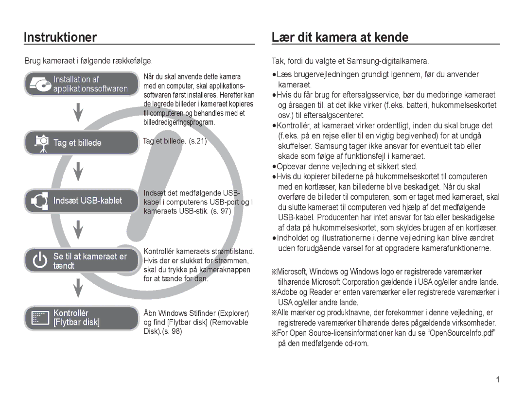 Samsung EC-ST61ZZBPRE2 Instruktioner, Lær dit kamera at kende, Brug kameraet i følgende rækkefølge, Tag et billede. s.21 