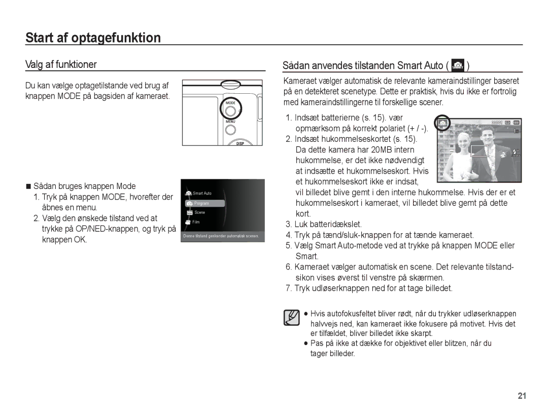 Samsung EC-ST61ZZBPSE2, EC-ST60ZZBPLE2 Start af optagefunktion, Valg af funktioner Sådan anvendes tilstanden Smart Auto 