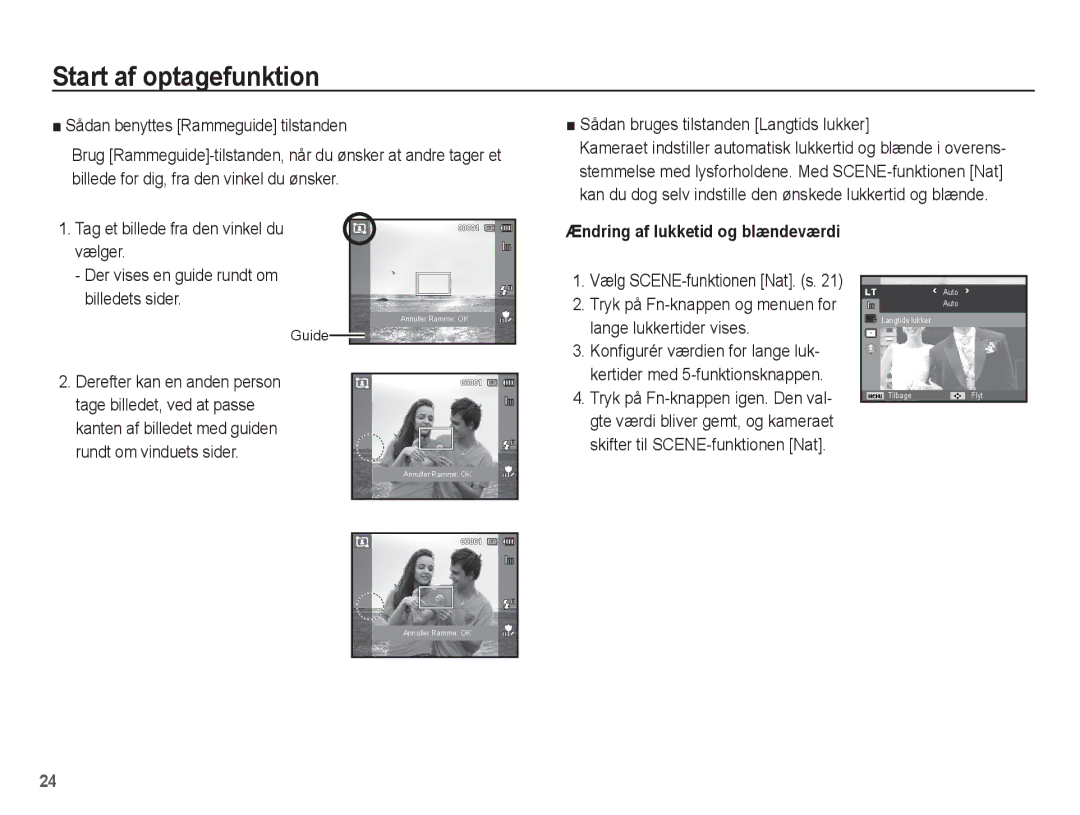 Samsung EC-ST60ZZBPRE2, EC-ST60ZZBPLE2 manual Sådan benyttes Rammeguide tilstanden, Sådan bruges tilstanden Langtids lukker 