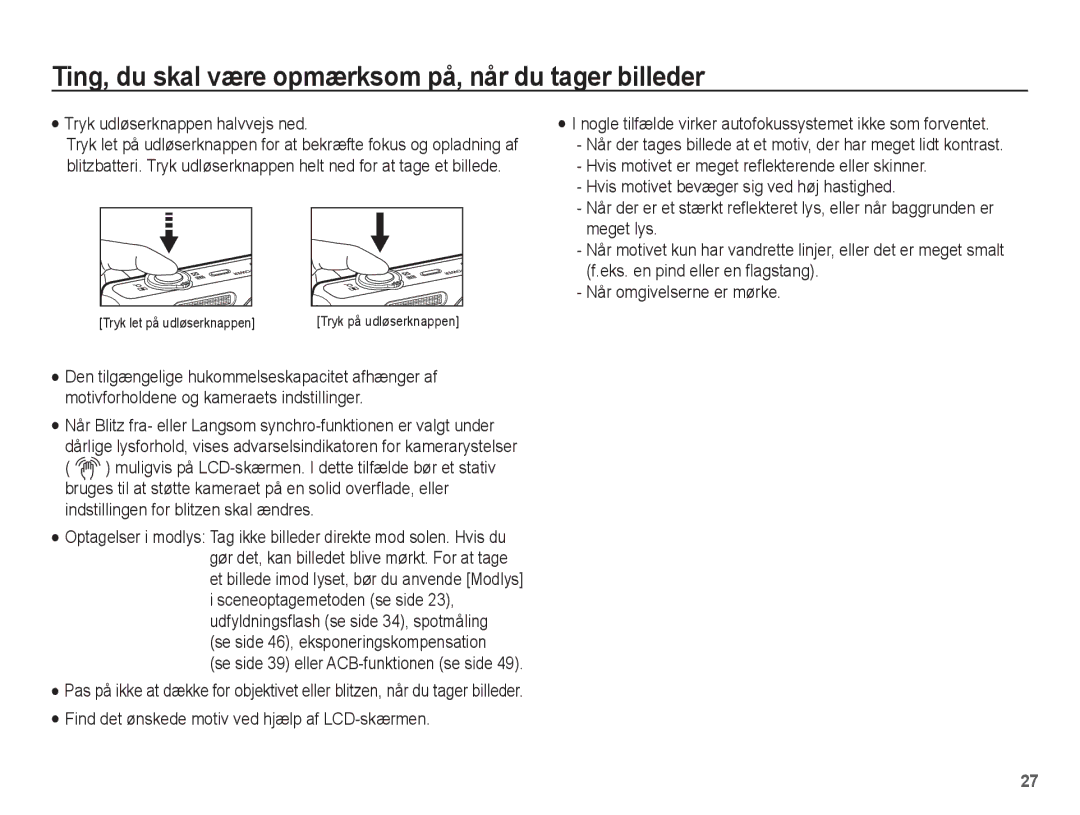 Samsung EC-ST60ZZBPSE2, EC-ST60ZZBPLE2, EC-ST60ZZBPRE2 manual Ting, du skal være opmærksom på, når du tager billeder 