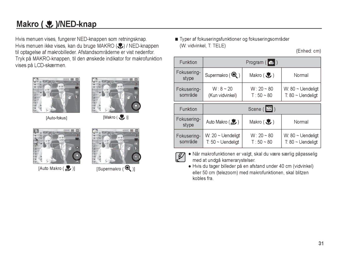 Samsung EC-ST60ZZBPLE2, EC-ST60ZZBPRE2, EC-ST61ZZBPRE2, EC-ST60ZZBPBE2, EC-ST60ZZBPSE2 manual Makro /NED-knap, Funktion 