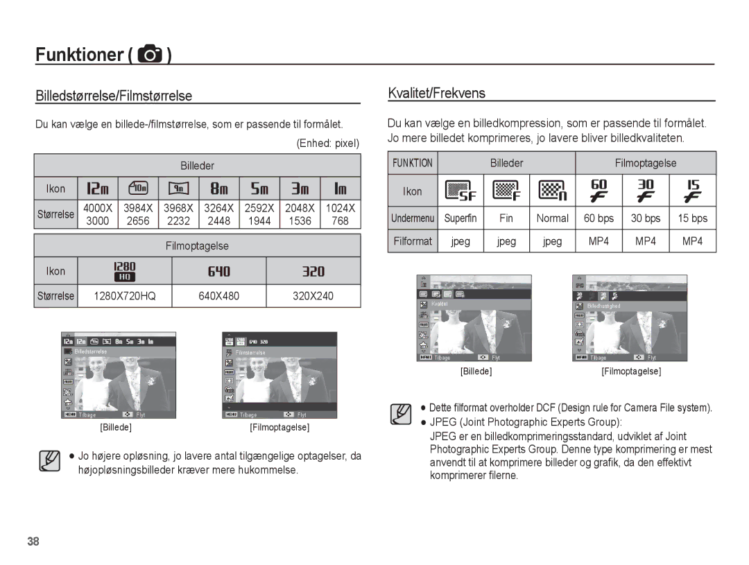 Samsung EC-ST61ZZBPBE2, EC-ST60ZZBPLE2, EC-ST60ZZBPRE2, EC-ST61ZZBPRE2 manual Billedstørrelse/Filmstørrelse, Kvalitet/Frekvens 