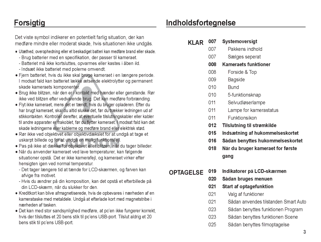 Samsung EC-ST60ZZBPSE2 manual Forsigtig Indholdsfortegnelse, Pakkens indhold 007 Sælges seperat, Valg af funktioner 