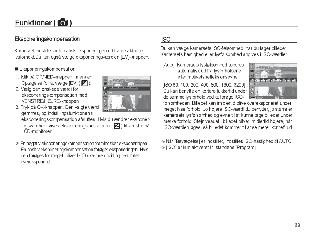 Samsung EC-ST60ZZBPLE2 Eksponeringskompensation, Gemmes, og indstillingsfunktionen til, ISO 80, 100, 200, 400, 800, 1600 