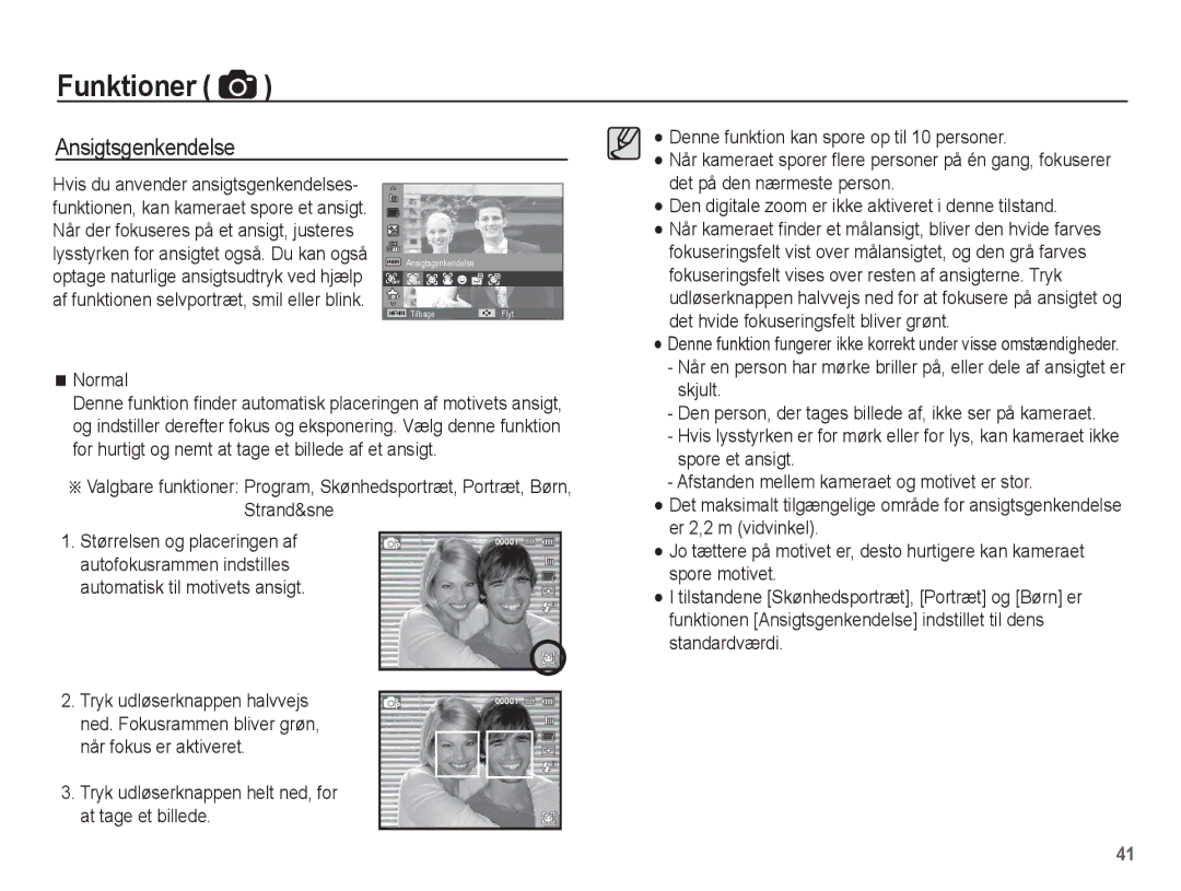 Samsung EC-ST61ZZBPRE2, EC-ST60ZZBPLE2, EC-ST60ZZBPRE2, EC-ST60ZZBPBE2, EC-ST60ZZBPSE2 manual Ansigtsgenkendelse, Normal 