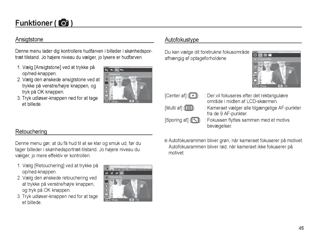 Samsung EC-ST61ZZBPSE2, EC-ST60ZZBPLE2, EC-ST60ZZBPRE2, EC-ST61ZZBPRE2 manual Ansigtstone Autofokustype, Retouchering 