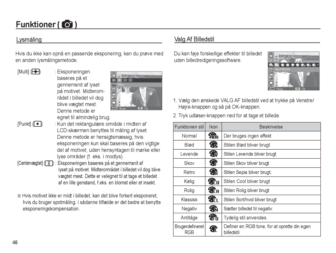 Samsung EC-ST61ZZBPBE2 manual Lysmåling Valg Af Billedstil, Rådet i billedet vil dog Blive vægtet mest Denne metode er 