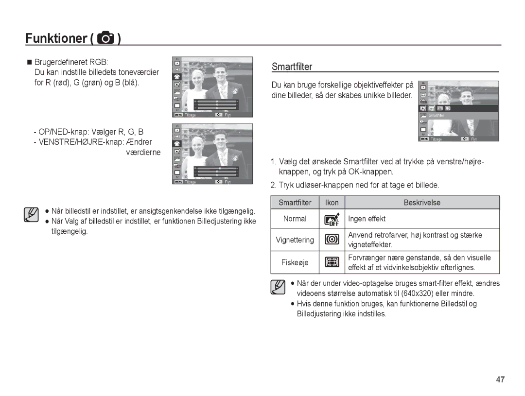 Samsung EC-ST60ZZBPLE2, EC-ST60ZZBPRE2, EC-ST61ZZBPRE2 manual Smartﬁlter, Brugerdeﬁneret RGB, OP/NED-knap Vælger R, G, B 