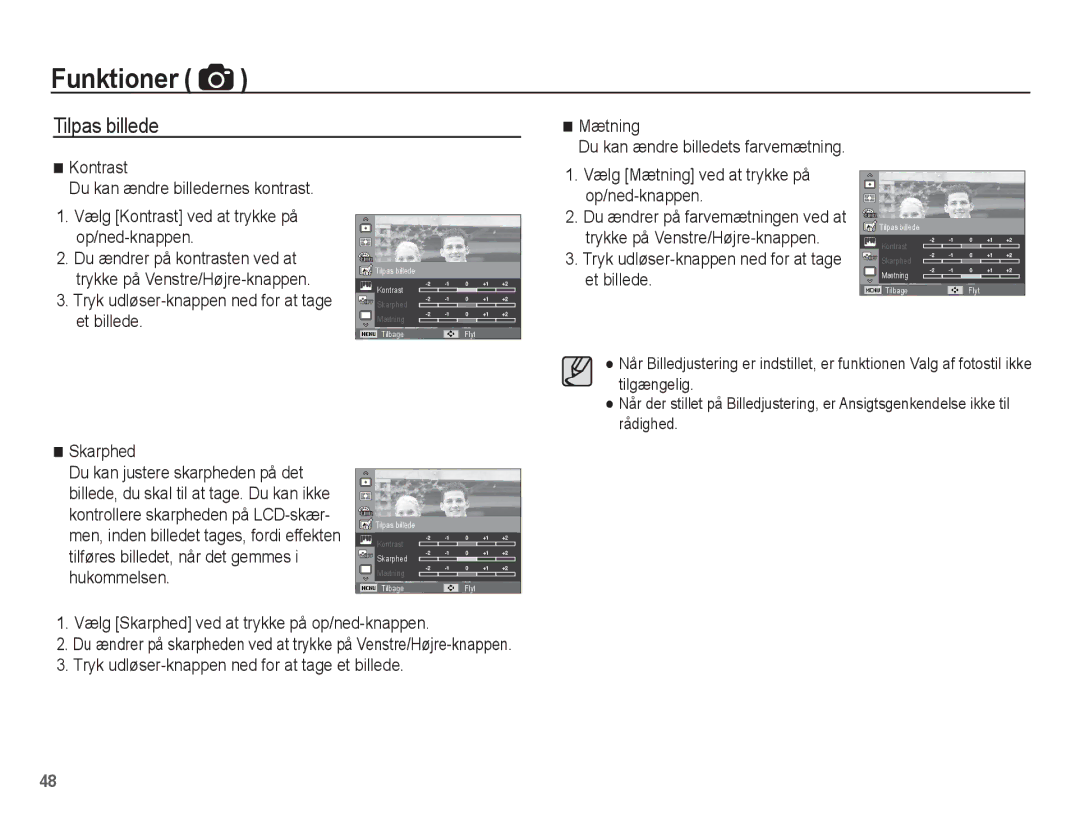 Samsung EC-ST60ZZBPRE2, EC-ST60ZZBPLE2 manual Tilpas billede, Vælg Mætning ved at trykke på op/ned-knappen, Skarphed 