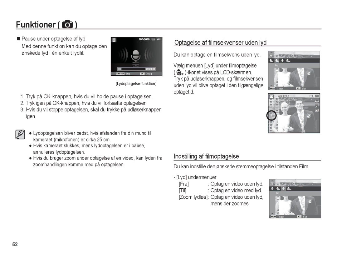 Samsung EC-ST61ZZBPLE2, EC-ST60ZZBPLE2 manual Indstilling af ﬁlmoptagelse, Ønskede lyd i én enkelt lydﬁl, Mens der zoomes 