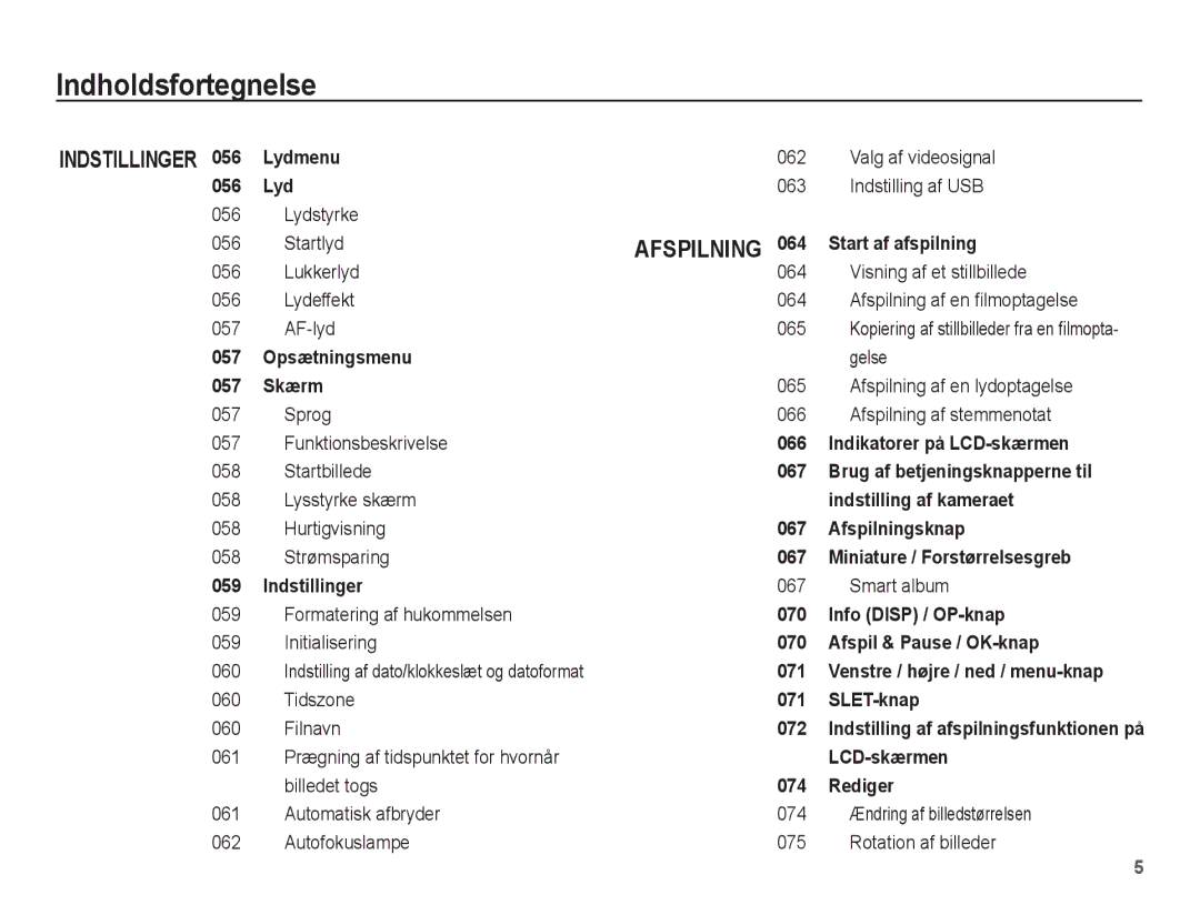 Samsung EC-ST61ZZBPSE2 Valg af videosignal, Indstilling af USB 056 Lydstyrke Startlyd, Gelse, Startbillede, Hurtigvisning 