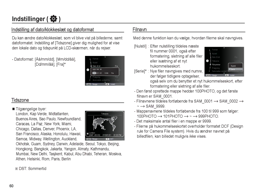 Samsung EC-ST61ZZBPLE2, EC-ST60ZZBPLE2, EC-ST60ZZBPRE2 manual Indstilling af dato/klokkeslæt og datoformat, Tidszone, Filnavn 