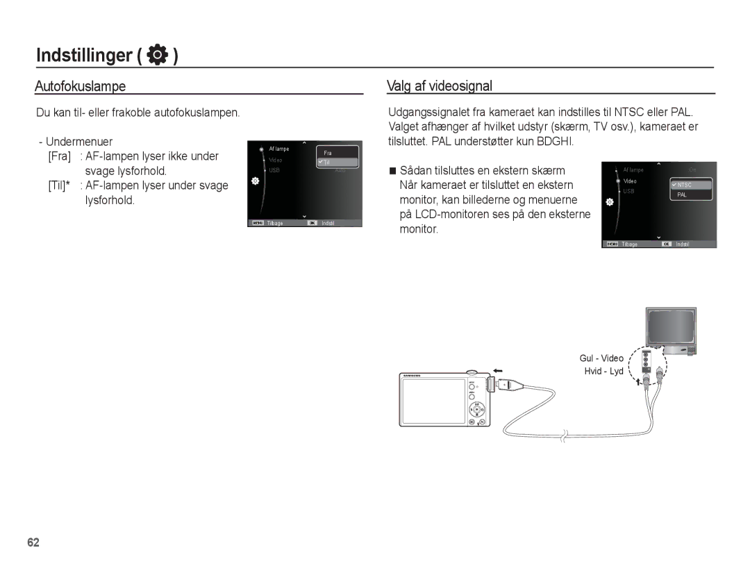 Samsung EC-ST61ZZBPBE2 manual Autofokuslampe Valg af videosignal, Monitor, Du kan til- eller frakoble autofokuslampen 