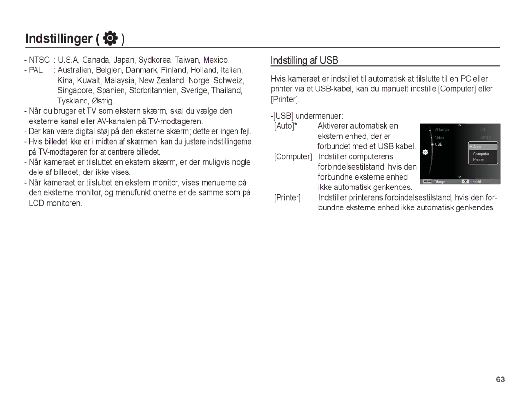 Samsung EC-ST60ZZBPLE2 Indstilling af USB, Ntsc U.S.A, Canada, Japan, Sydkorea, Taiwan, Mexico, Ekstern enhed, der er 