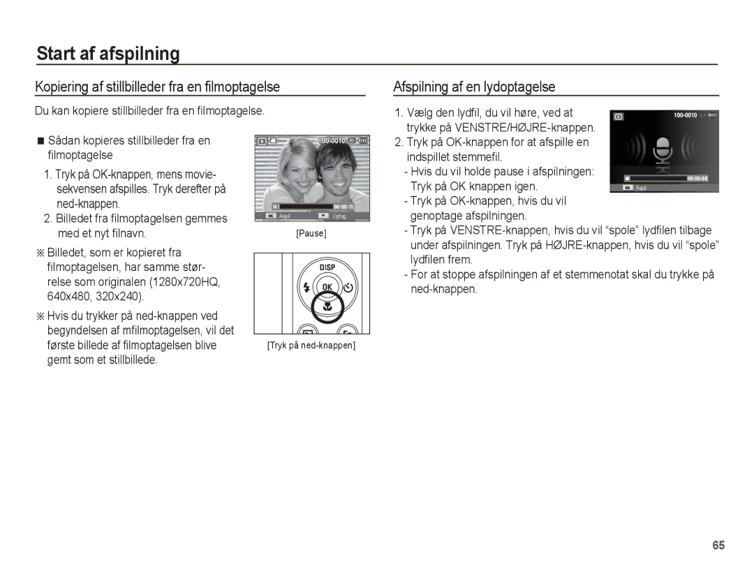 Samsung EC-ST61ZZBPRE2, EC-ST60ZZBPLE2 manual Kopiering af stillbilleder fra en filmoptagelse, Afspilning af en lydoptagelse 