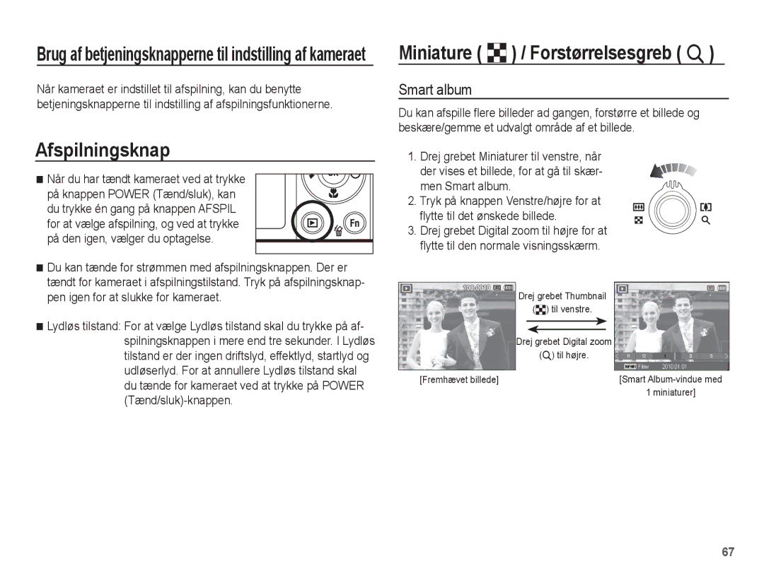 Samsung EC-ST60ZZBPSE2, EC-ST60ZZBPLE2, EC-ST60ZZBPRE2 manual Afspilningsknap, Miniature º / Forstørrelsesgreb í, Smart album 