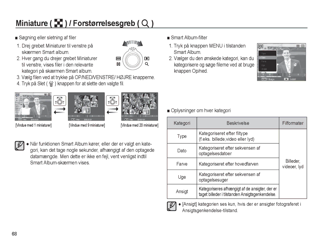 Samsung EC-ST61ZZBPLE2, EC-ST60ZZBPLE2, EC-ST60ZZBPRE2 manual Søgning eller sletning af filer, Oplysninger om hver kategori 