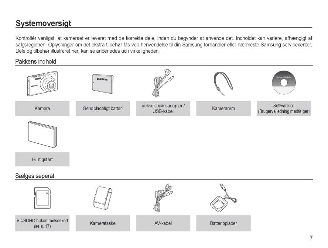 Samsung EC-ST60ZZBPLE2, EC-ST60ZZBPRE2, EC-ST61ZZBPRE2, EC-ST60ZZBPBE2 manual Systemoversigt, Pakkens indhold, Sælges seperat 