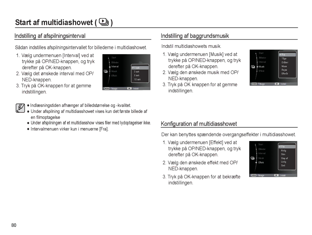 Samsung EC-ST60ZZBPRE2 Indstilling af afspilningsinterval, Indstilling af baggrundsmusik, Konfiguration af multidiasshowet 