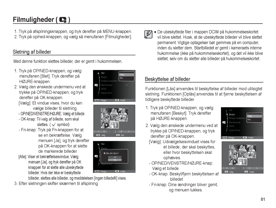 Samsung EC-ST61ZZBPRE2, EC-ST60ZZBPLE2, EC-ST60ZZBPRE2 manual Filmuligheder, Sletning af billeder, Beskyttelse af billeder 