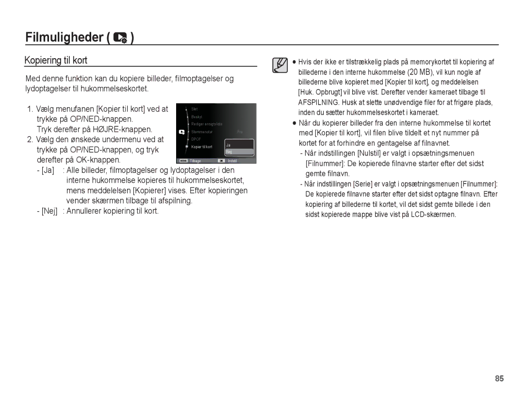 Samsung EC-ST61ZZBPSE2, EC-ST60ZZBPLE2 manual Kopiering til kort, Trykke på OP/NED-knappen, Tryk derefter på HØJRE-knappen 