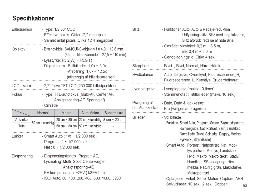 Samsung EC-ST61ZZBPSE2, EC-ST60ZZBPLE2, EC-ST60ZZBPRE2, EC-ST61ZZBPRE2, EC-ST60ZZBPBE2, EC-ST60ZZBPSE2 manual Specifikationer 