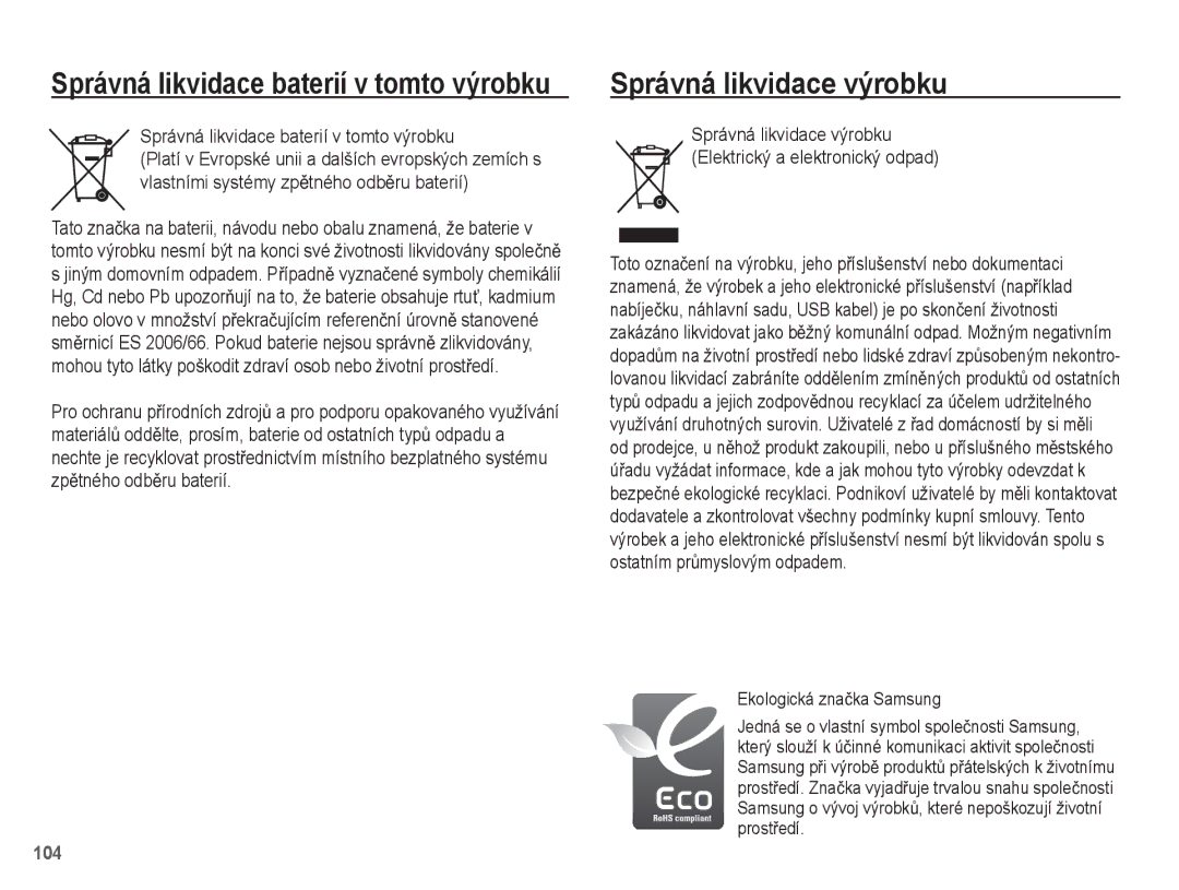 Samsung EC-ST60ZZBPBE3 Správná likvidace výrobku, Správná likvidace baterií v tomto výrobku, Ekologická znaþka Samsung 