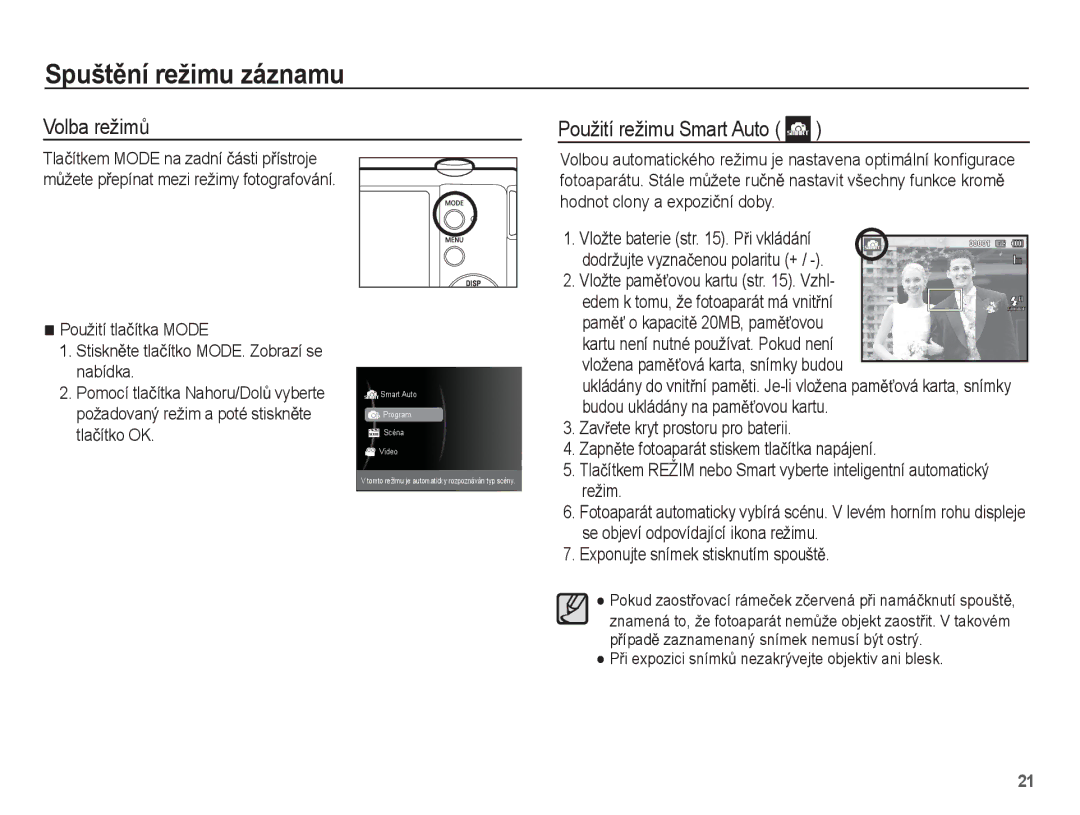 Samsung EC-ST60ZZBPSE3, EC-ST60ZZBPRE3, EC-ST60ZZBPBE3 manual SpuštČní režimu záznamu, Volba režimĤ Použití režimu Smart Auto 