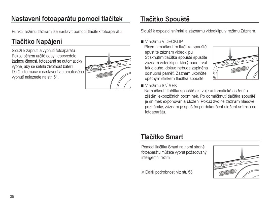 Samsung EC-ST60ZZBPBE3, EC-ST60ZZBPRE3, EC-ST60ZZBPSE3, EC-ST60ZZBPLE3 Tlaþítko Napájení, Tlaþítko SpouštČ, Tlaþítko Smart 